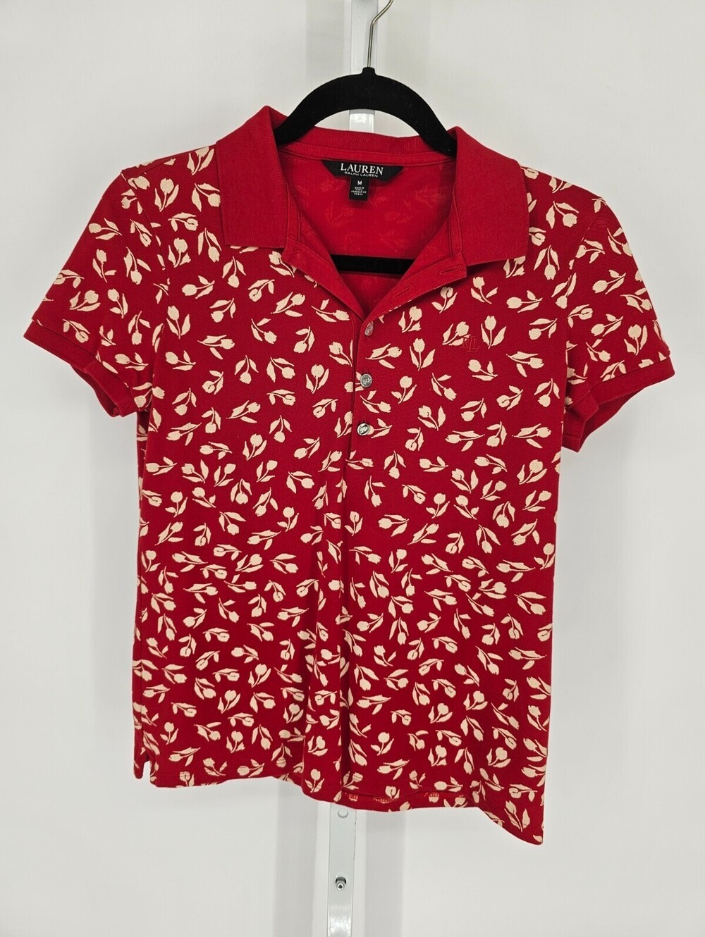 Lauren Ralph Lauren Womens Sz M Tulip-Print Piqué Polo Shirt Red
